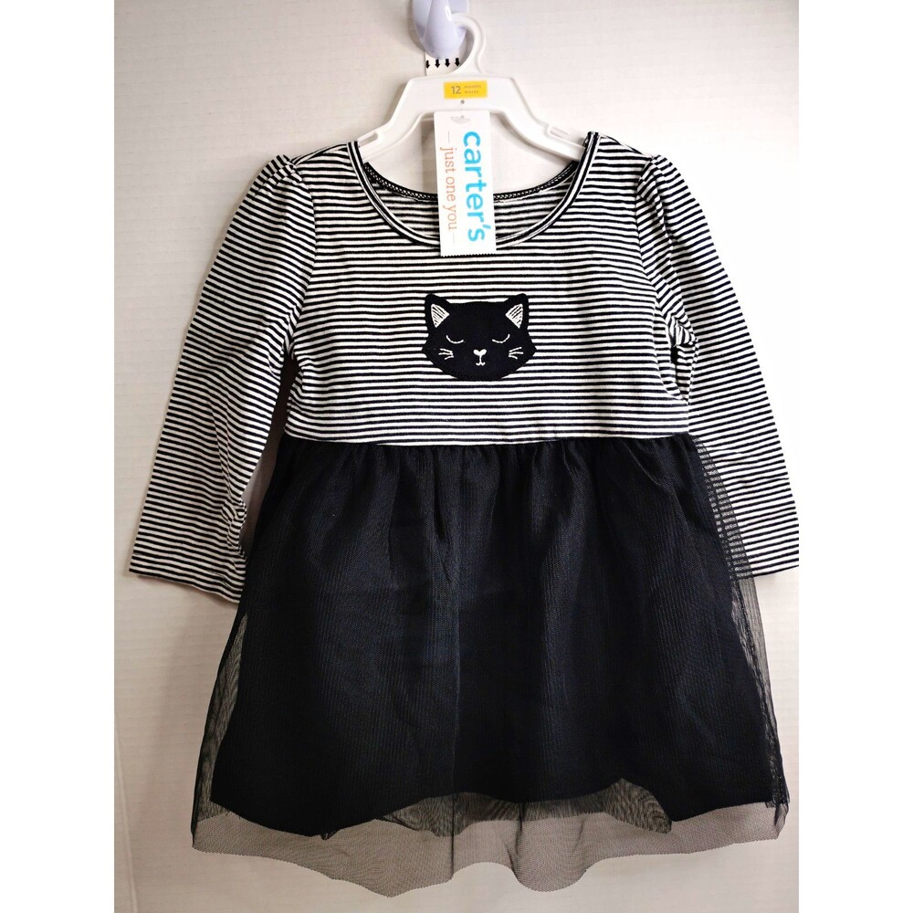 Carter's Girls 9-12M Black White Striped Cat Tutu Dress Long Sleeve Tulle